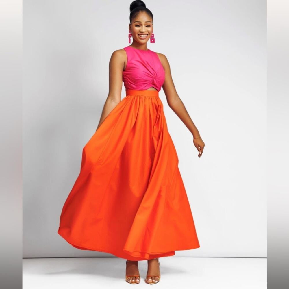Bold Pink & Orange Maxi Dress with Twist Bodice
